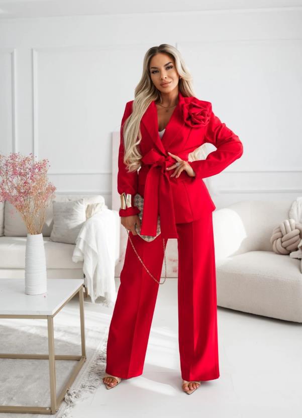 Damen Elegantes Oversize-Blazer-Set mit rosafarbener Rosenapplikation und Highwaist Weitbein-Hose Shop Nory
