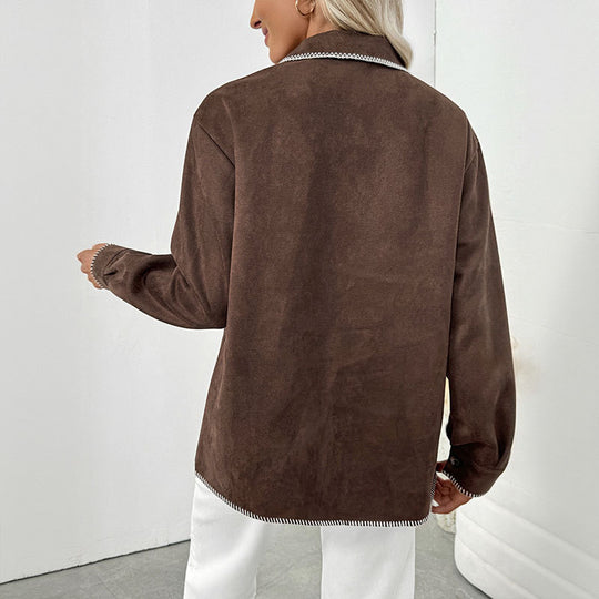 Damen Oversized Hemdjacke aus Velours mit Zierstickerei und Knopfleiste Shop Nory