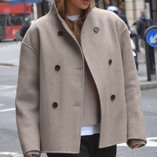 Damen Kurz geschnittener Oversize-Wollmantel mit doppelreihiger Knopfleiste und Stehkragen Shop Nory