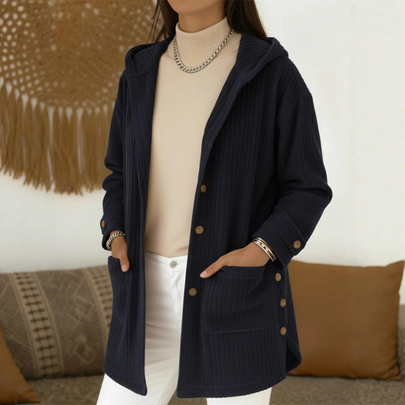 Damen Langer Kapuzen-Strickcardigan mit Rippenstruktur, Knopfleiste und Seitentaschen Shop Nory