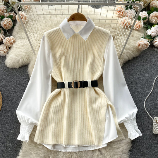 Damen Lagenlook-Bluse mit Rippstrick-Überwurf und Taillengürtel Shop Nory