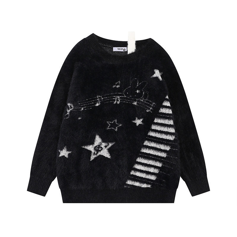Damen Kuscheliger Strickpullover mit Cartoon-Noten- und Sternmotiv Shop Nory