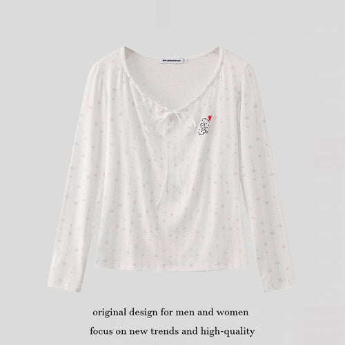 Damen Langarmshirt mit Schnürung am Ausschnitt, feinem Sternen-Jacquard und Herz-Emblem Shop Nory
