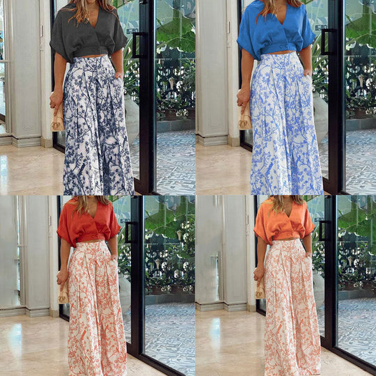 Damen Crop-Top Kombi-Anzug mit Weitem Rock und Floralem Muster
