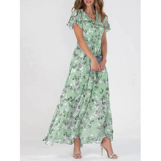 Damen Maxikleid mit floralem Chiffon-Stoff und transparenten Ärmeln