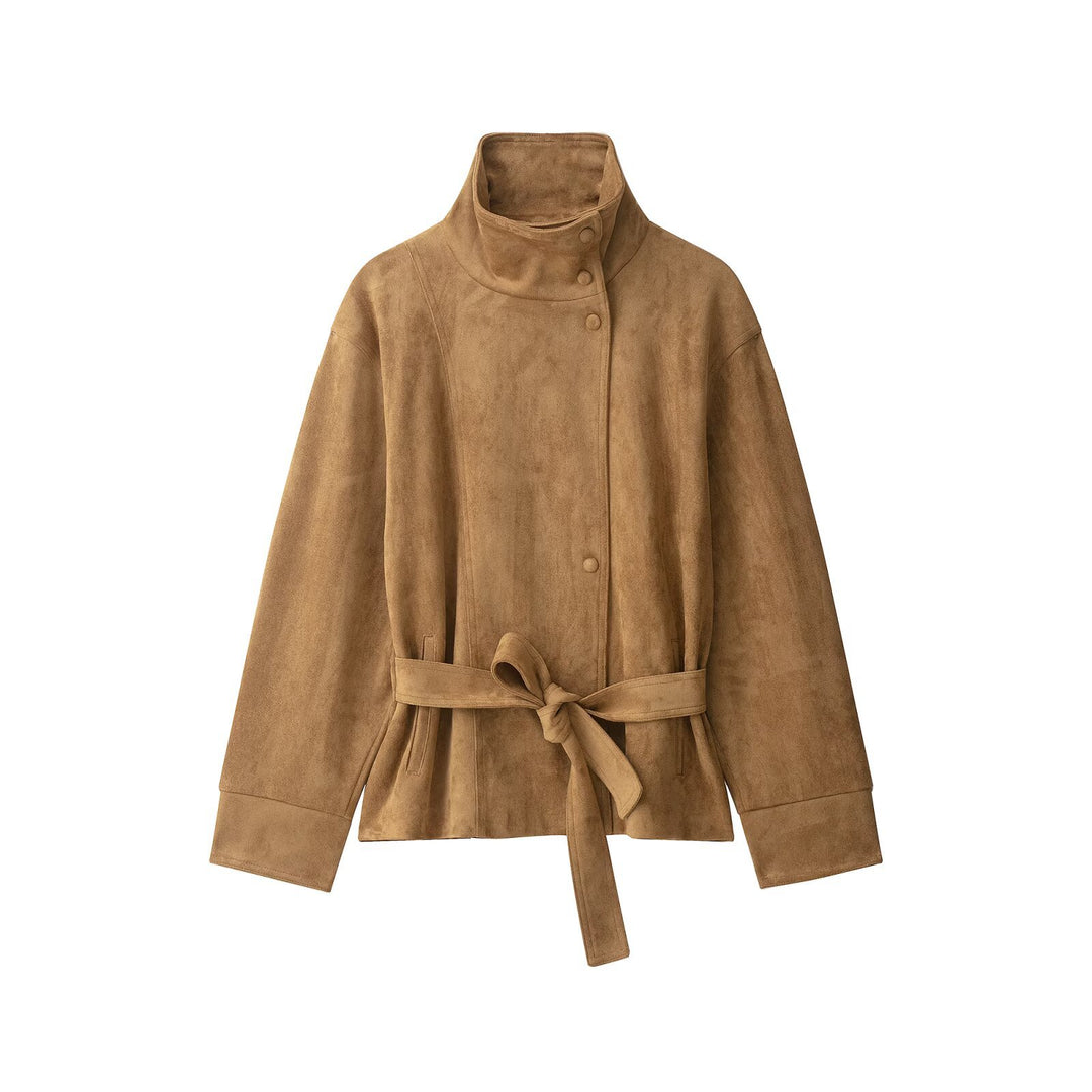 Damen Kurzjacke in Wildlederoptik mit hohem Funnelkragen und Bindegürtel Shop Nory