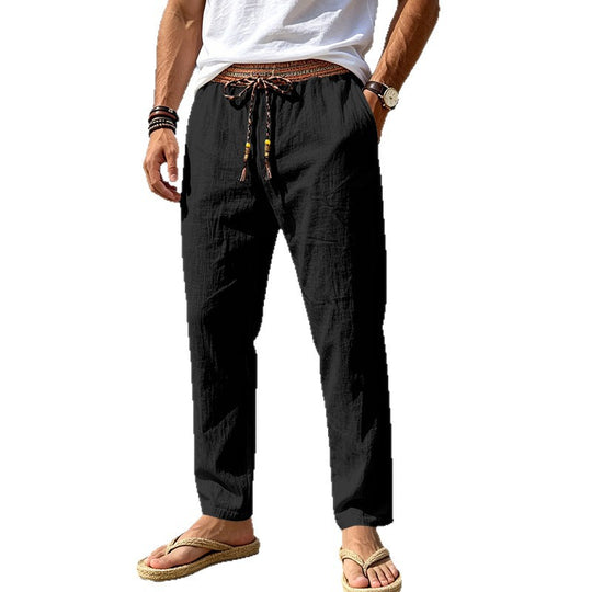 Herren Leinenoptik Freizeithose mit besticktem Kordelbund und Kordelzug Shop Nory