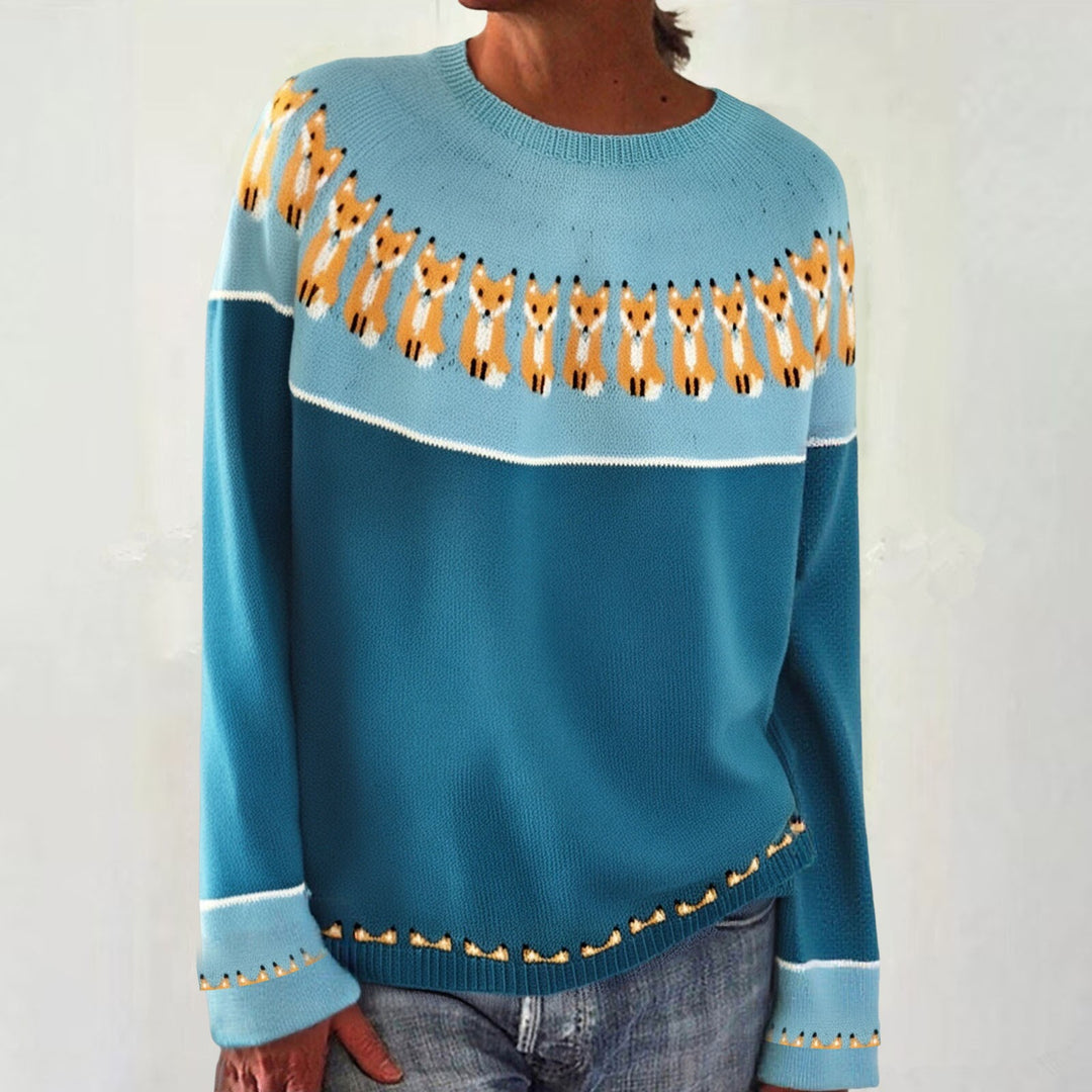 Damen nan melierter Rundhalsausschnittpullover mit kreisförmigem Jacquard-Yoke und geripptem Saum Shop Nory
