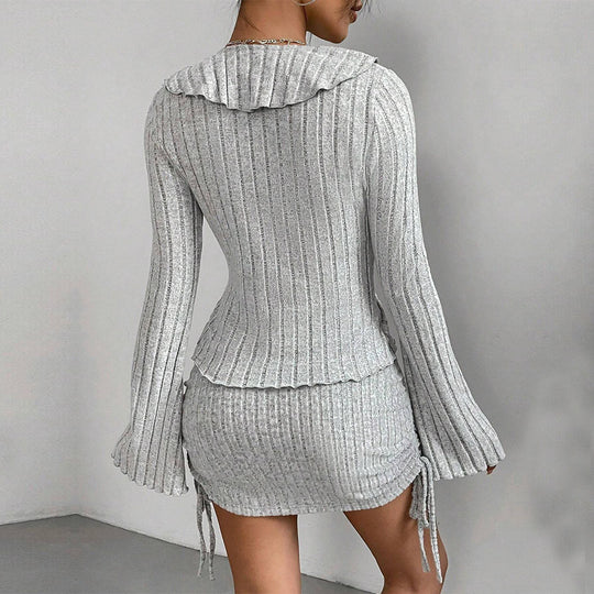 Damen gerippter Rüschencardigan mit Bindebändern und gerafftem Minirock-Set Shop Nory