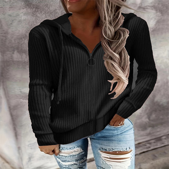 Damen Lässiger Rippstrick-Hoodie mit halbhohem Reißverschluss und Ringzipper Shop Nory