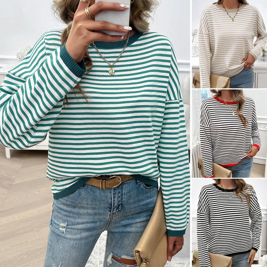 Damen Lässiger Streifenpullover mit Farbigen Akzenten