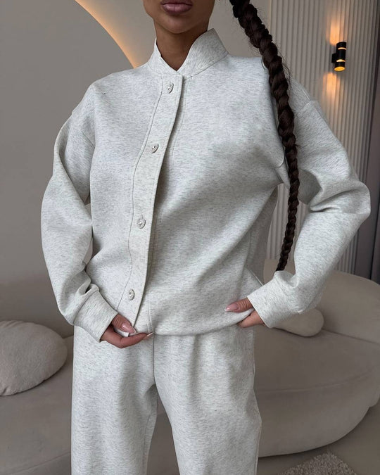 Damen Zweiteiliges Loungewear-Set mit Stehkragen, dekorativen Schmuckknöpfen und weitem Palazzo-Hosenbein Shop Nory