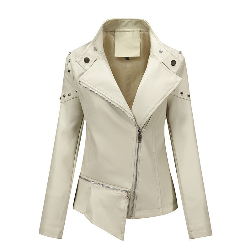 Damen Asymmetrische Kunstleder-Bikerjacke mit Nieten & schrägem Reißverschluss Shop Nory
