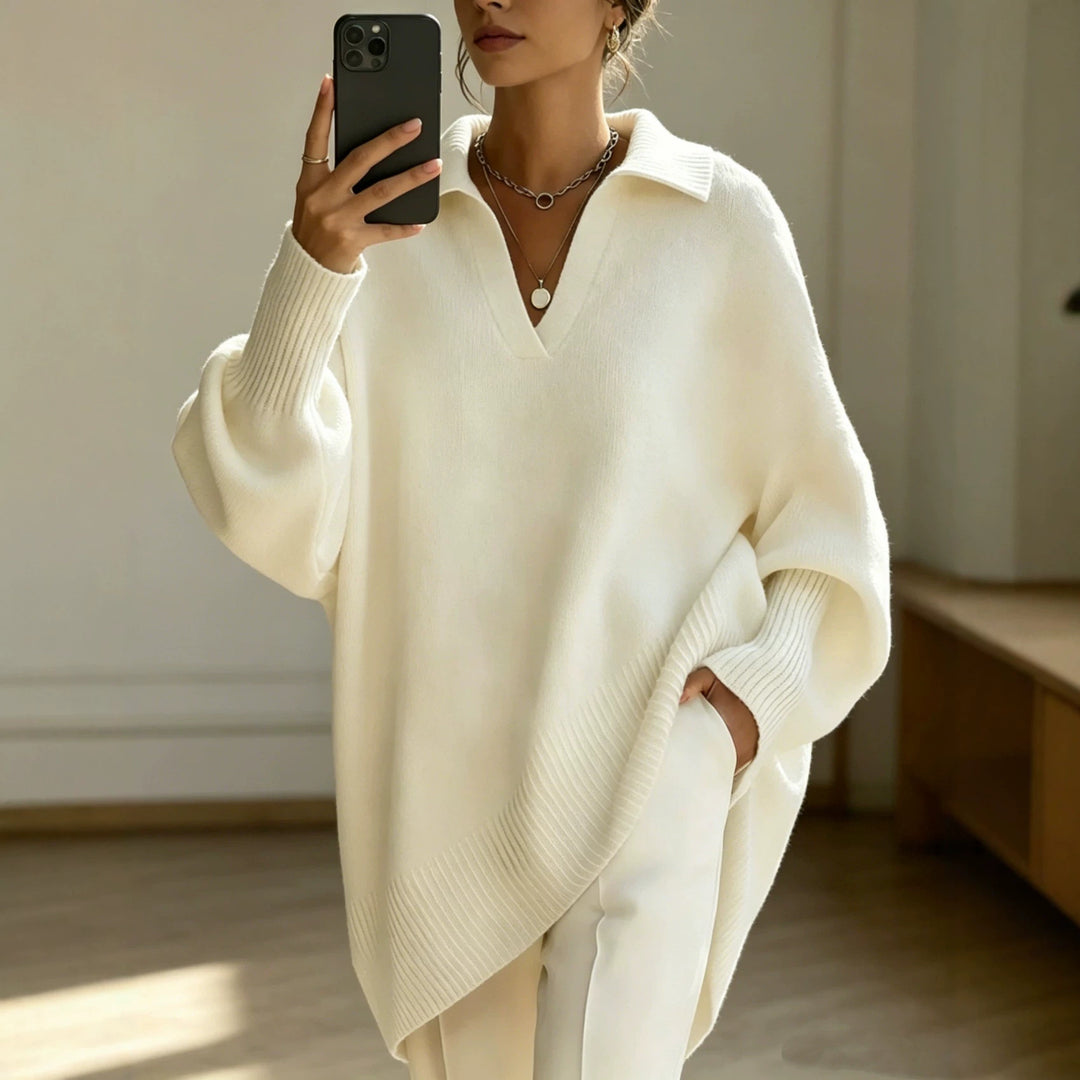 Damen Oversize-Polokragen V-Ausschnitt Strickpullover mit Ballonärmeln Shop Nory