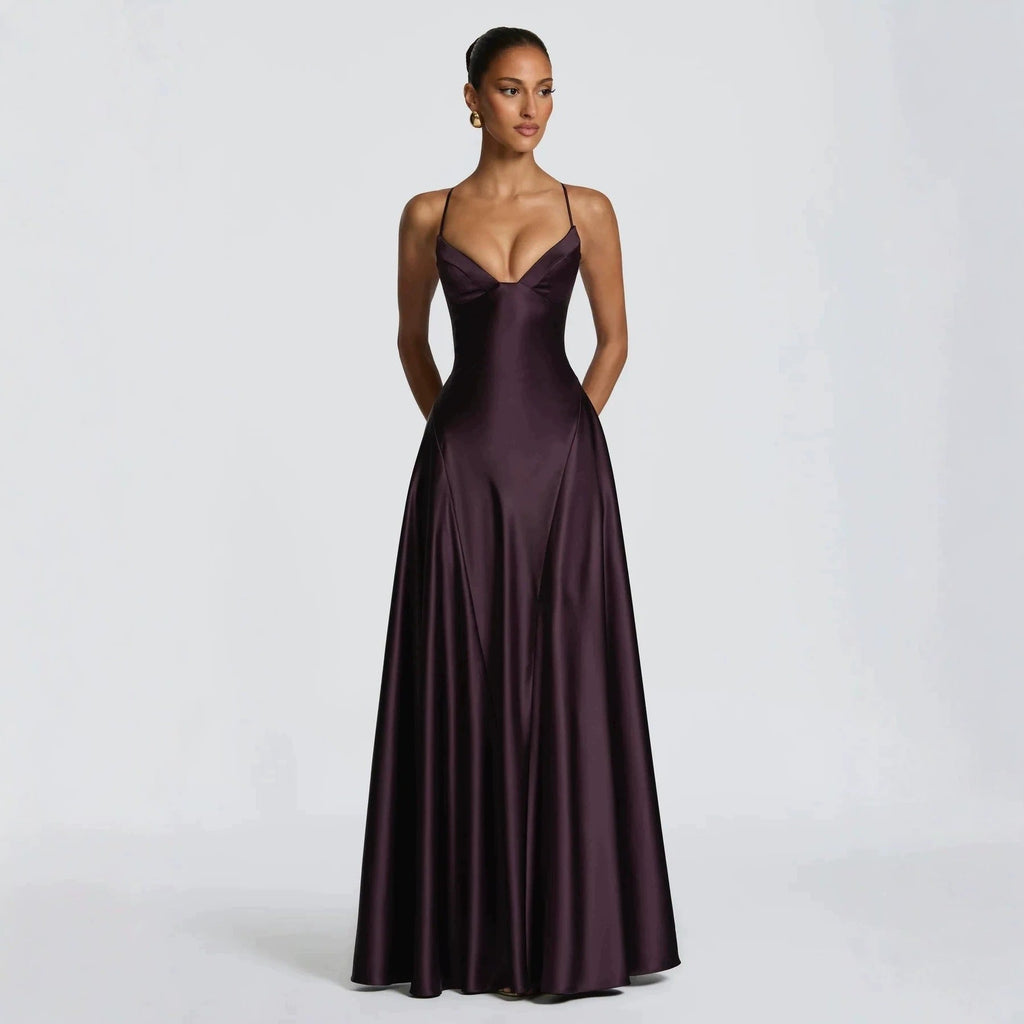 Damen elegantes Satin-Maxikleid mit raffinierten Spaghettiträgern