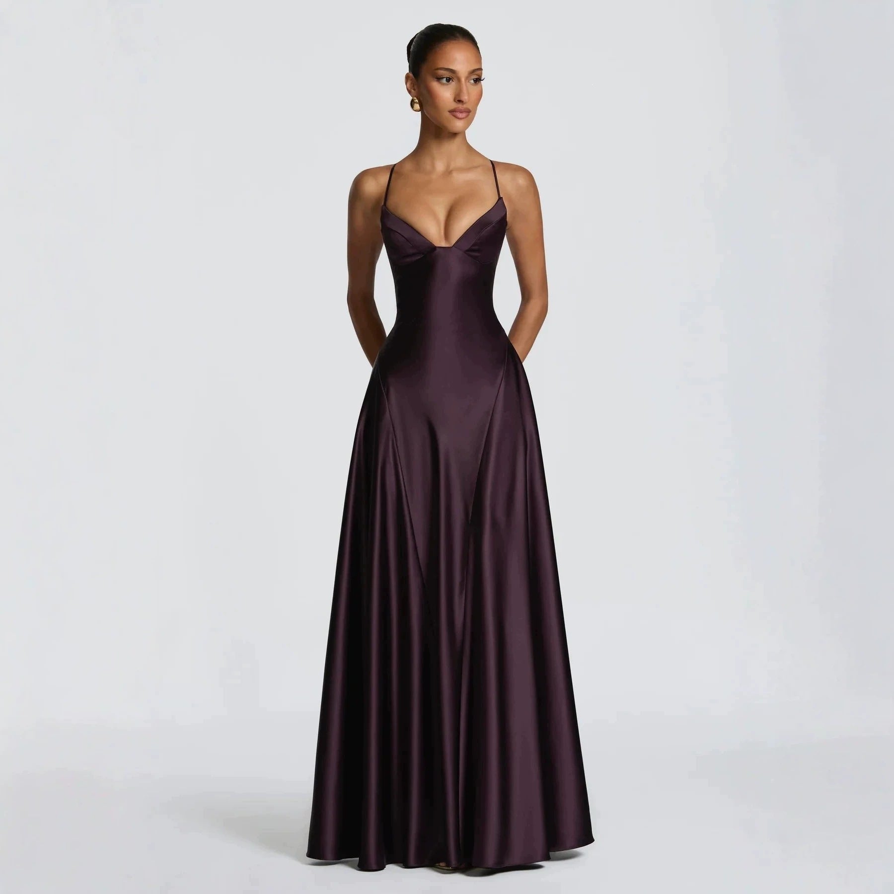 Damen elegantes Satin-Maxikleid mit raffinierten Spaghettiträgern