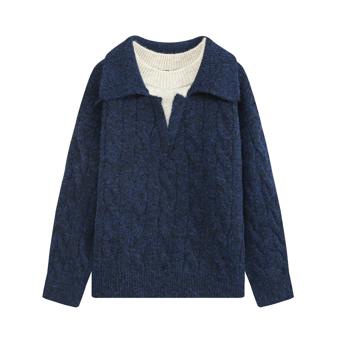 Damen Grobgestrickter Zopfmuster-Pullover mit offenem Polokragen und V‑Ausschnitt Shop Nory