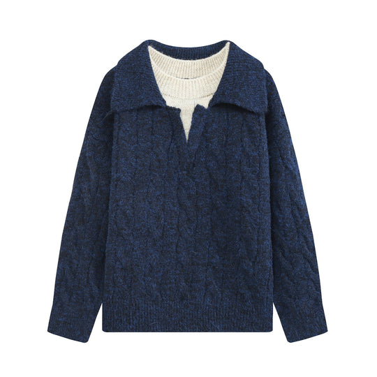 Damen Grobgestrickter Zopfmuster-Pullover mit offenem Polokragen und V‑Ausschnitt Shop Nory