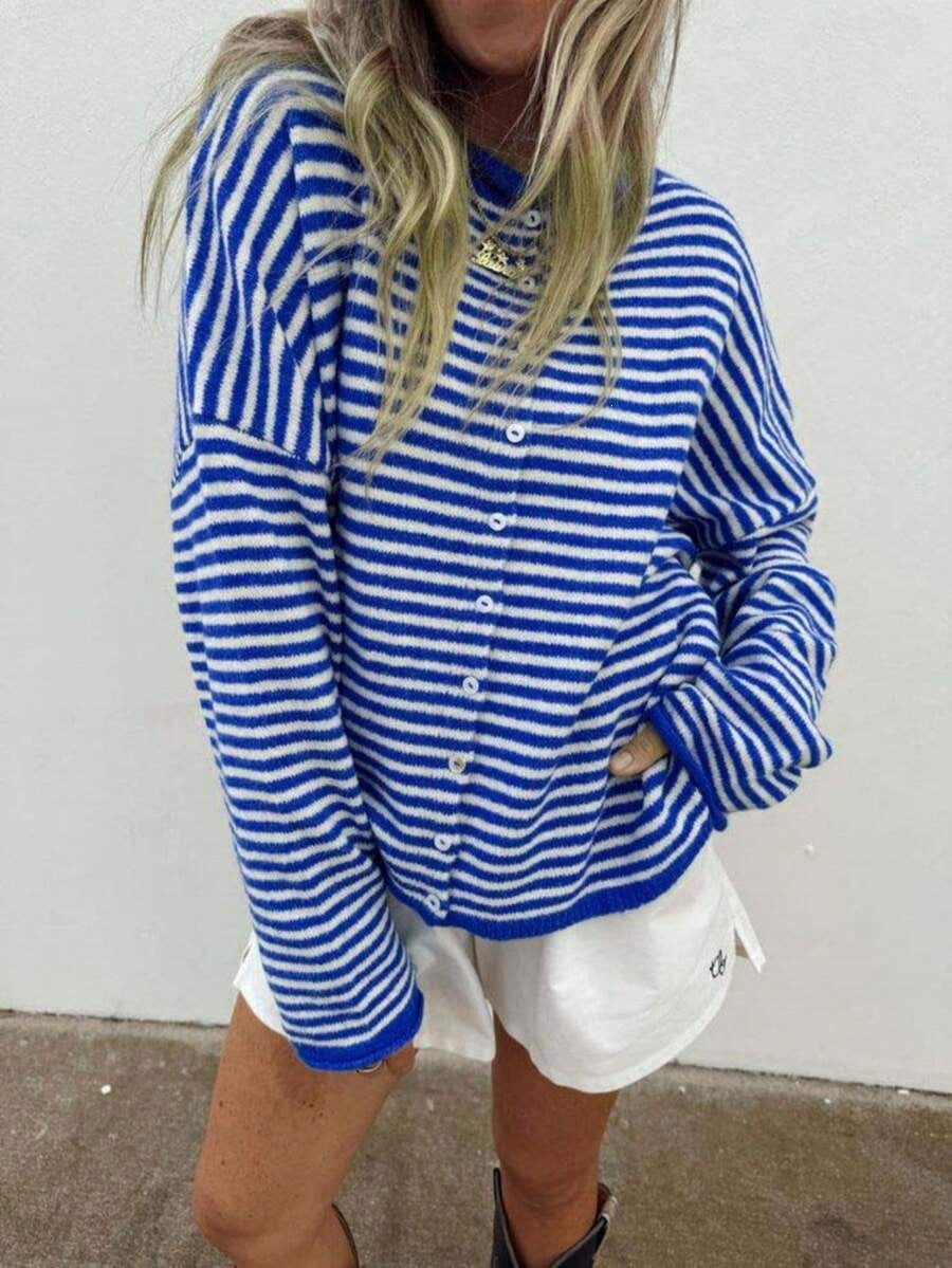 Damen Gestreifter Oversize Strickcardigan mit Knopfleiste und maritimem Look Shop Nory