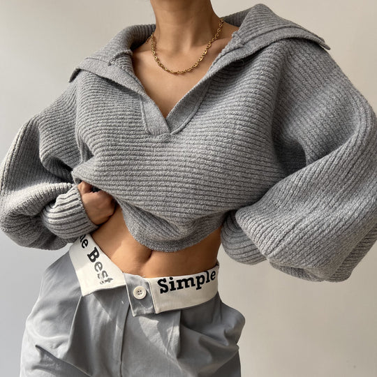 Damen Grobstrick Cropped-Pullover mit weitem Matrosenkragen und Oversize-Ärmeln Shop Nory