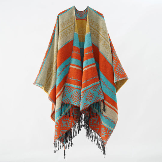 Damen Strukturiertes Webcape im Ethno-Jacquard mit Fransensaum Shop Nory