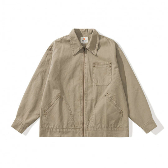 Unisex Kastenförmige Canvas-Worker-Jacke mit Frontreißverschluss und Nietapplikationen Shop Nory