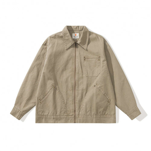 Unisex Kastenförmige Canvas-Worker-Jacke mit Frontreißverschluss und Nietapplikationen Shop Nory