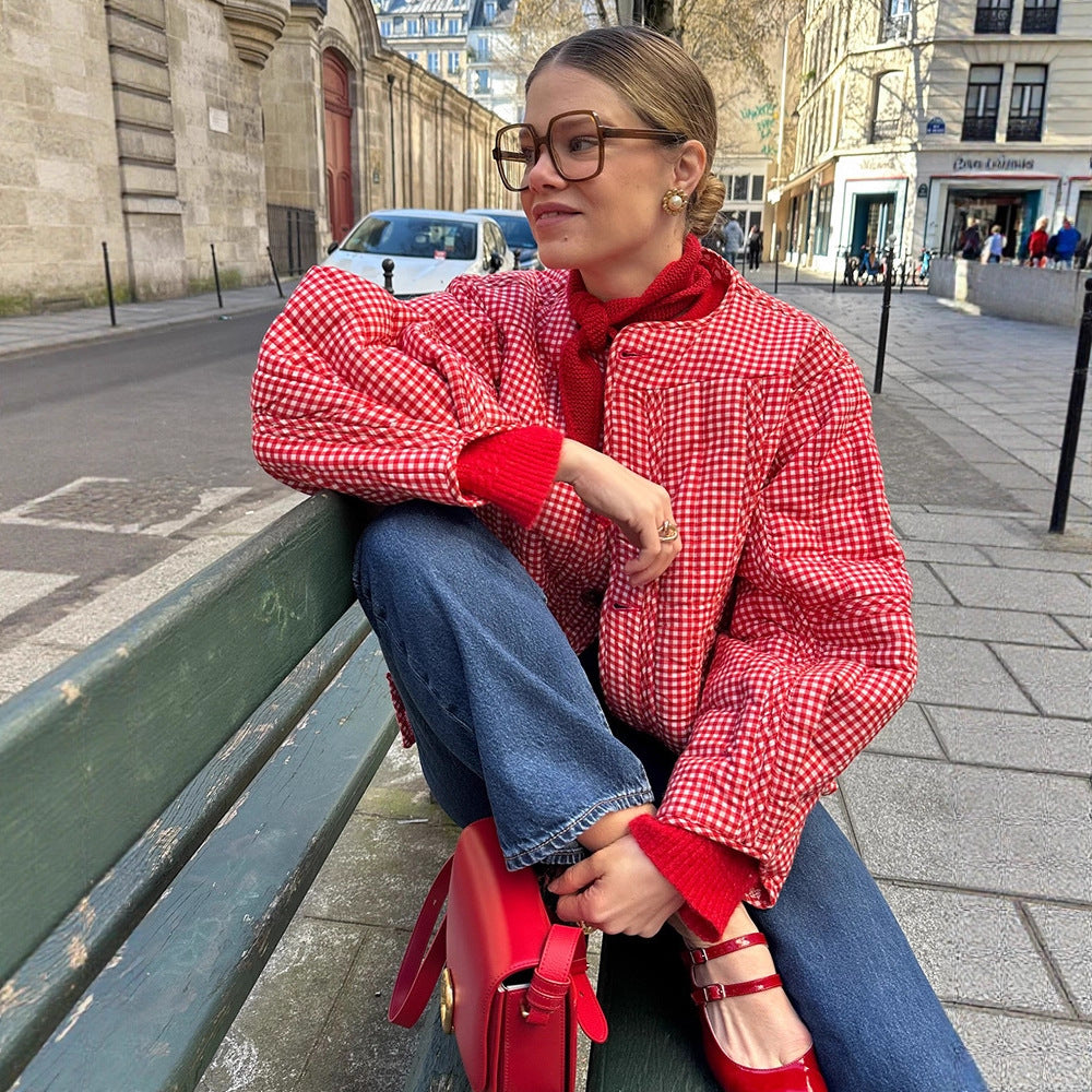 Damen Gepolsterte karierte Boxy-Steppjacke mit Knopfverschluss Shop Nory