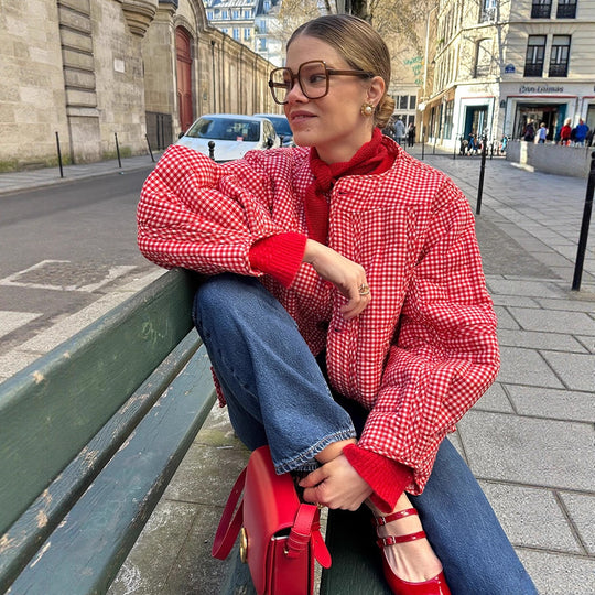 Damen Gepolsterte karierte Boxy-Steppjacke mit Knopfverschluss Shop Nory