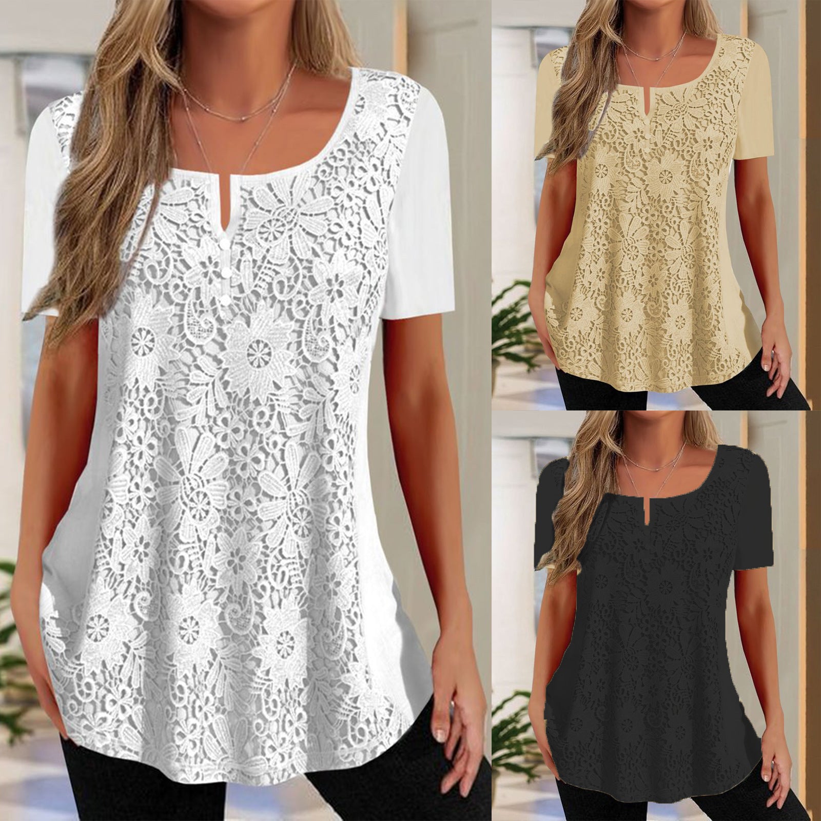 Damen Spitzenbluse mit floralem Design und Kurzarm