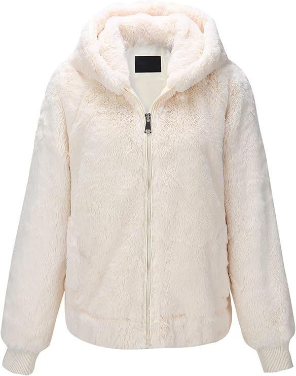 Damen Kapuzen‑Teddyjacke aus weichem Faux‑Fur mit Reißverschluss und Rippbündchen Shop Nory