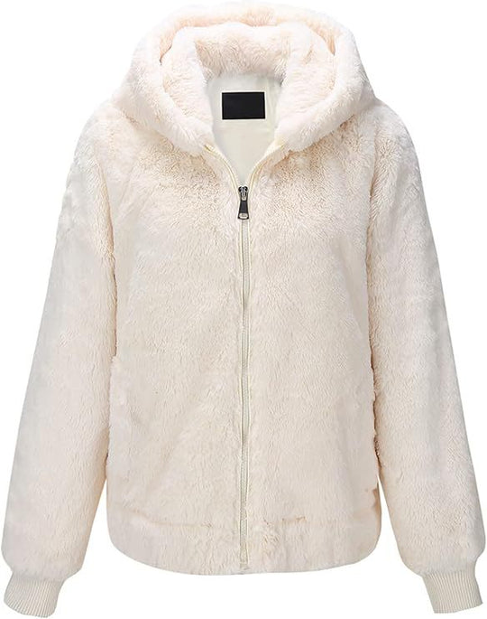Damen Kapuzen‑Teddyjacke aus weichem Faux‑Fur mit Reißverschluss und Rippbündchen Shop Nory