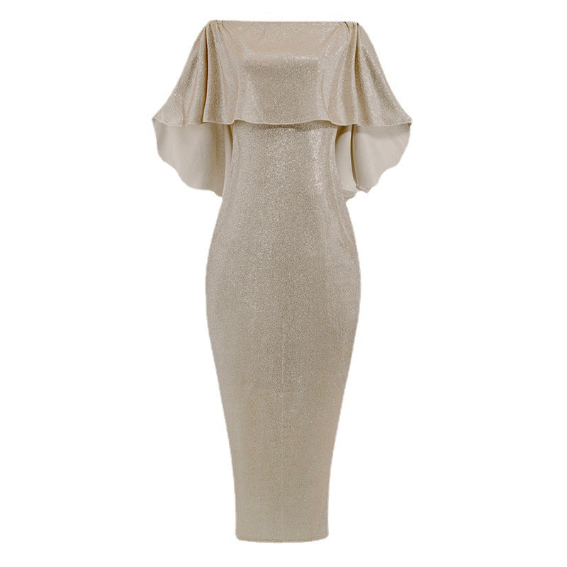 Damen Abend-Jumpsuit mit schulterfreiem Cape-Einsatz und glitzerndem Stretchstoff Shop Nory