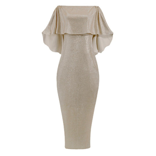 Damen Abend-Jumpsuit mit schulterfreiem Cape-Einsatz und glitzerndem Stretchstoff Shop Nory