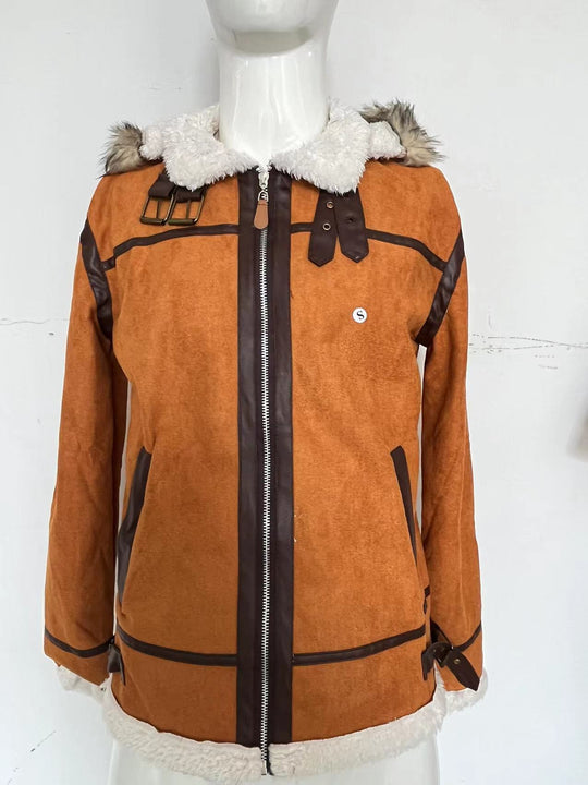 Damen Wildlederoptik Fliegerjacke mit Kunstfellkapuze und Schnallen Shop Nory