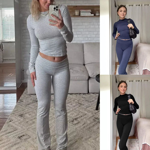Damen Nahtloses Sport-Set mit Langarm-Cropped-Top und High-Waist Leggings Shop Nory