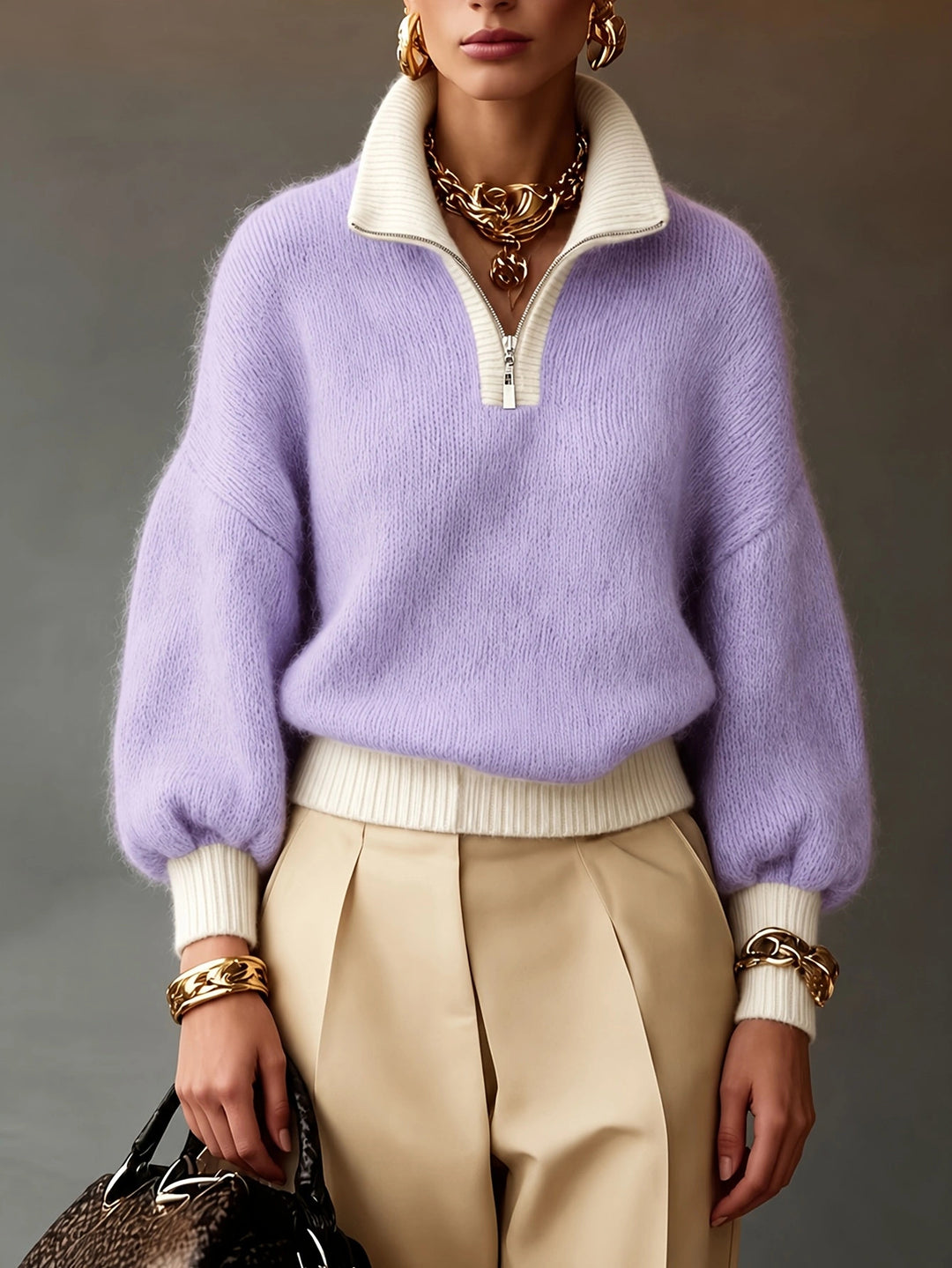Damen Flauschiger Pullover mit halbem Reißverschluss, Stehkragen und Ballonärmeln Shop Nory