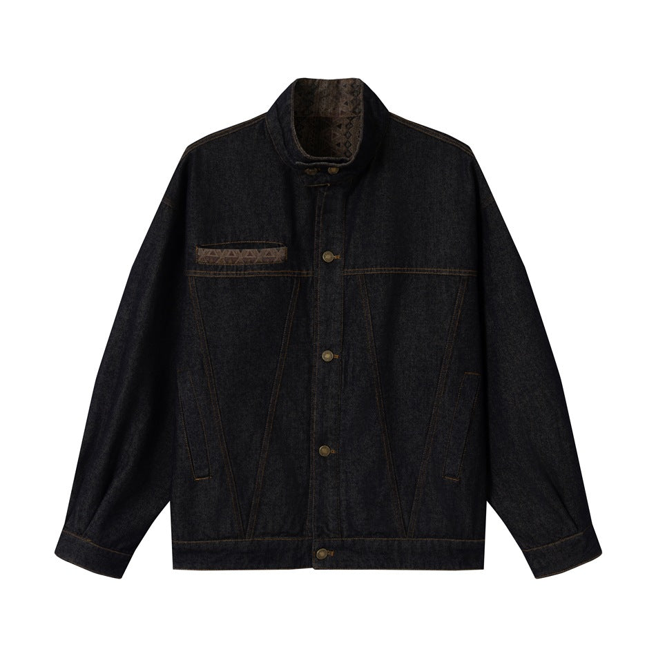 Unisex Boxy-Jeansjacke mit hohem Stehkragen und gewebten Besätzen Shop Nory