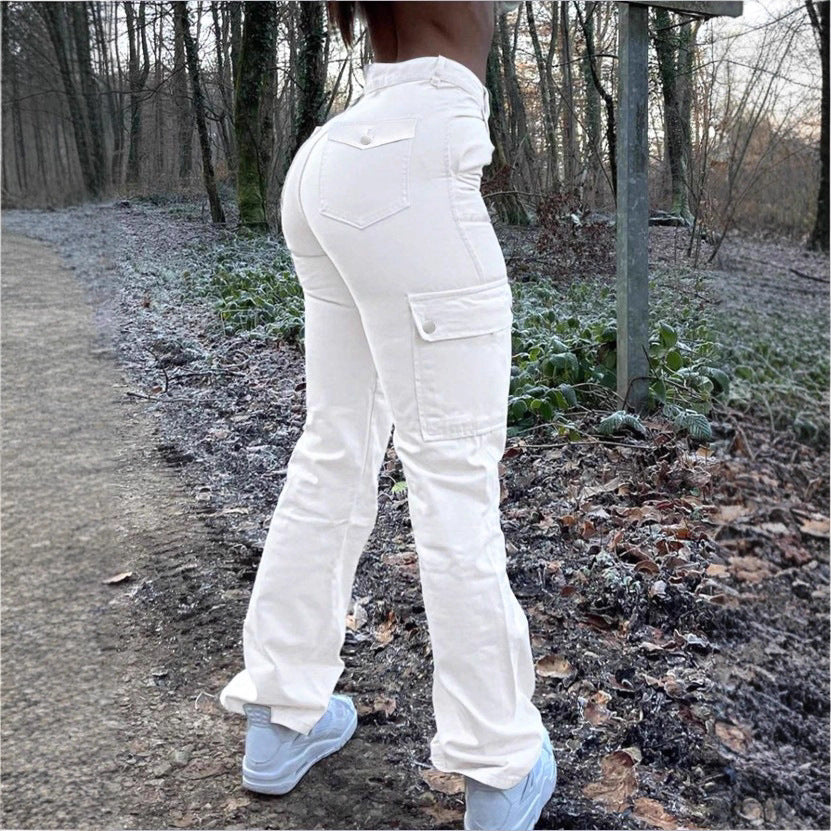 Damen taillenhoch geschnittene Cargo-Jeans mit ausgestelltem Schlag und funktionalen Pattentaschen Shop Nory