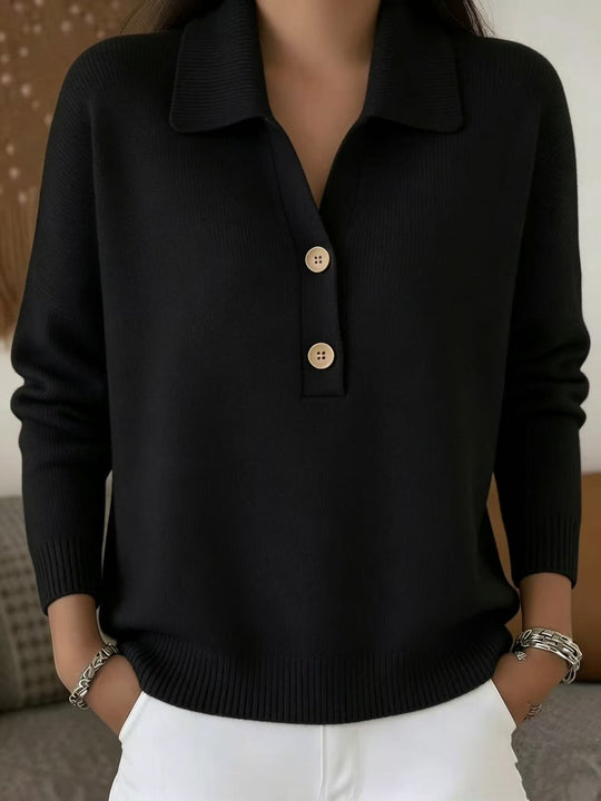Damen lässiger Feinstrickpullover mit Polokragen und Zwei-Knopf-Leiste Shop Nory