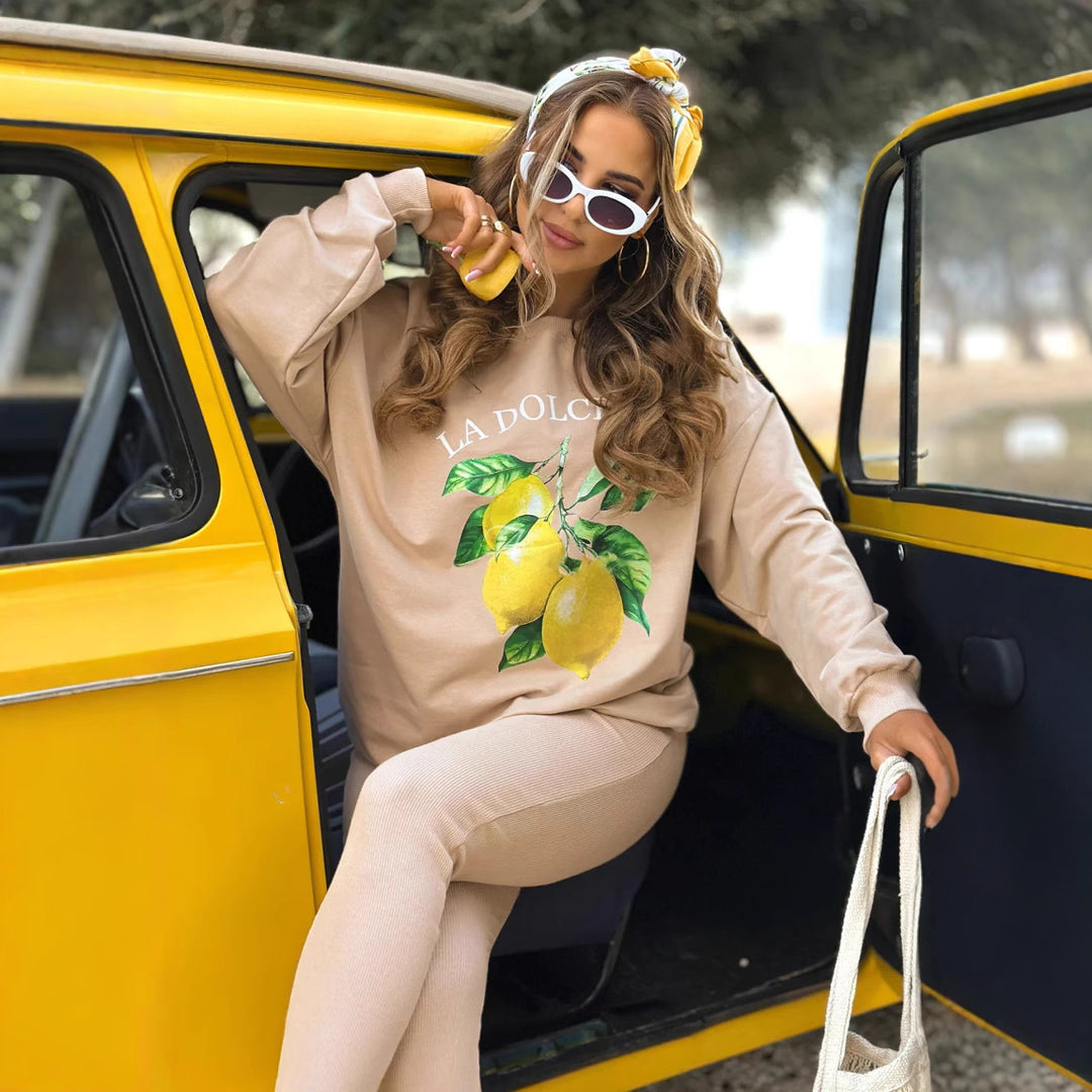 Damen lässiges Sweatshirt-Set mit Zitronenprint und gerippten Leggings Shop Nory