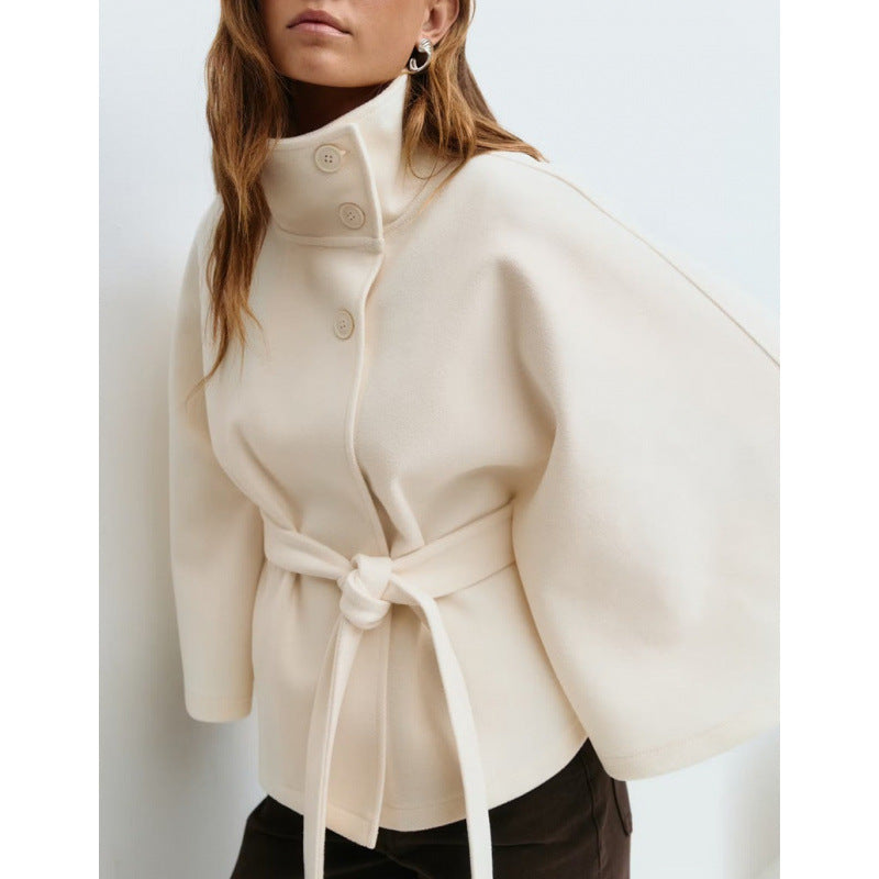 Damen Wollmantel im Cape‑Stil mit Stehkragen und Taillengürtel Shop Nory