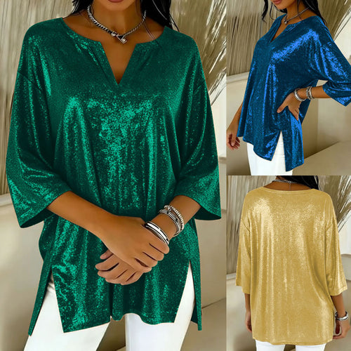 Damen Glänzendes Oversize-Tunika-Shirt mit V‑Ausschnitt und Seitenschlitzen Shop Nory