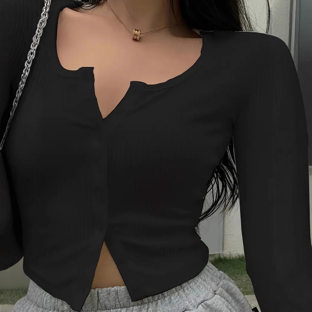 Damen Figurbetonter gerippter Cropped-Cardigan mit V-Ausschnitt und Knopfleiste Shop Nory