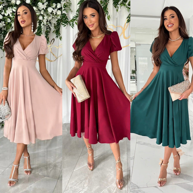 Damen A-Linie Kleid mit Puffärmeln und schmalem V-Ausschnitt
