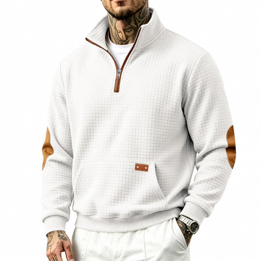 Herren Texturierter Halbzip-Sweat mit Waffelstruktur, Kängurutasche und Leder-Ellbogenbesatz Shop Nory