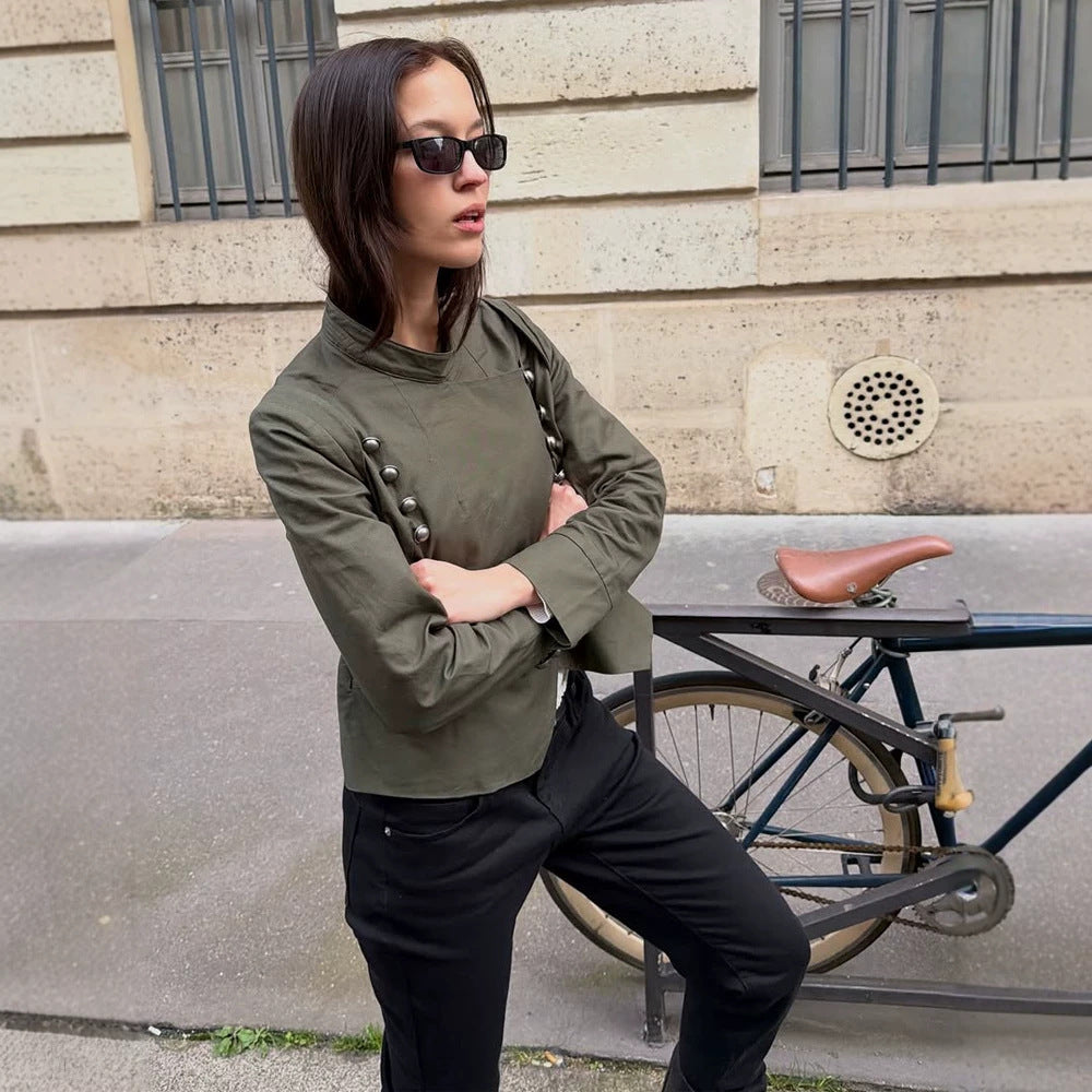 Damen Militärinspirierte Kurzjacke mit Stehkragen und Zierknopfleiste Shop Nory