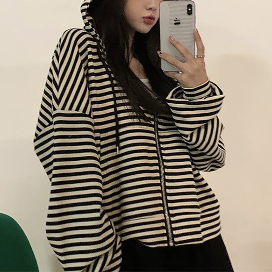 Damen gestreifter Zip-Hoodie mit lässigem Schnitt und tiefem Kragen