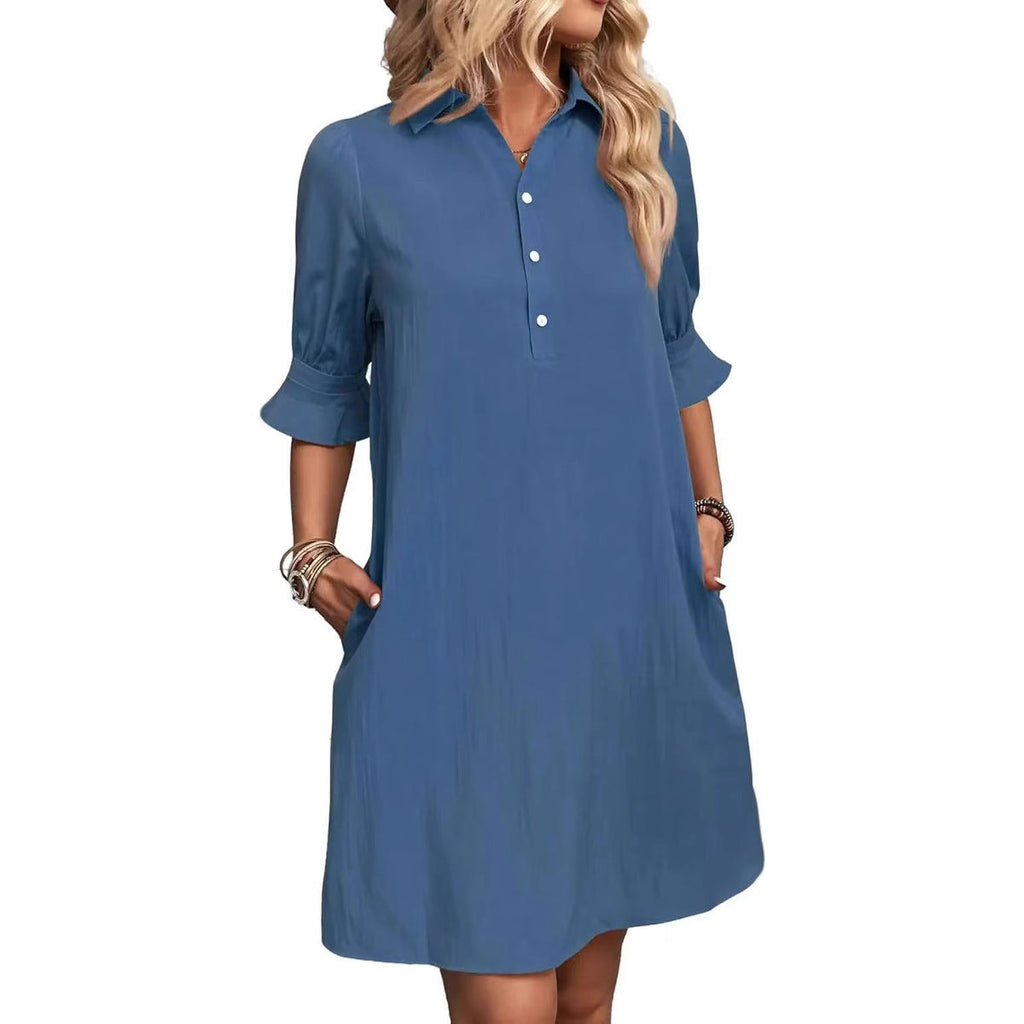 Damen lässiges Hemdkleid mit kurzen Ärmeln und praktischen Taschen