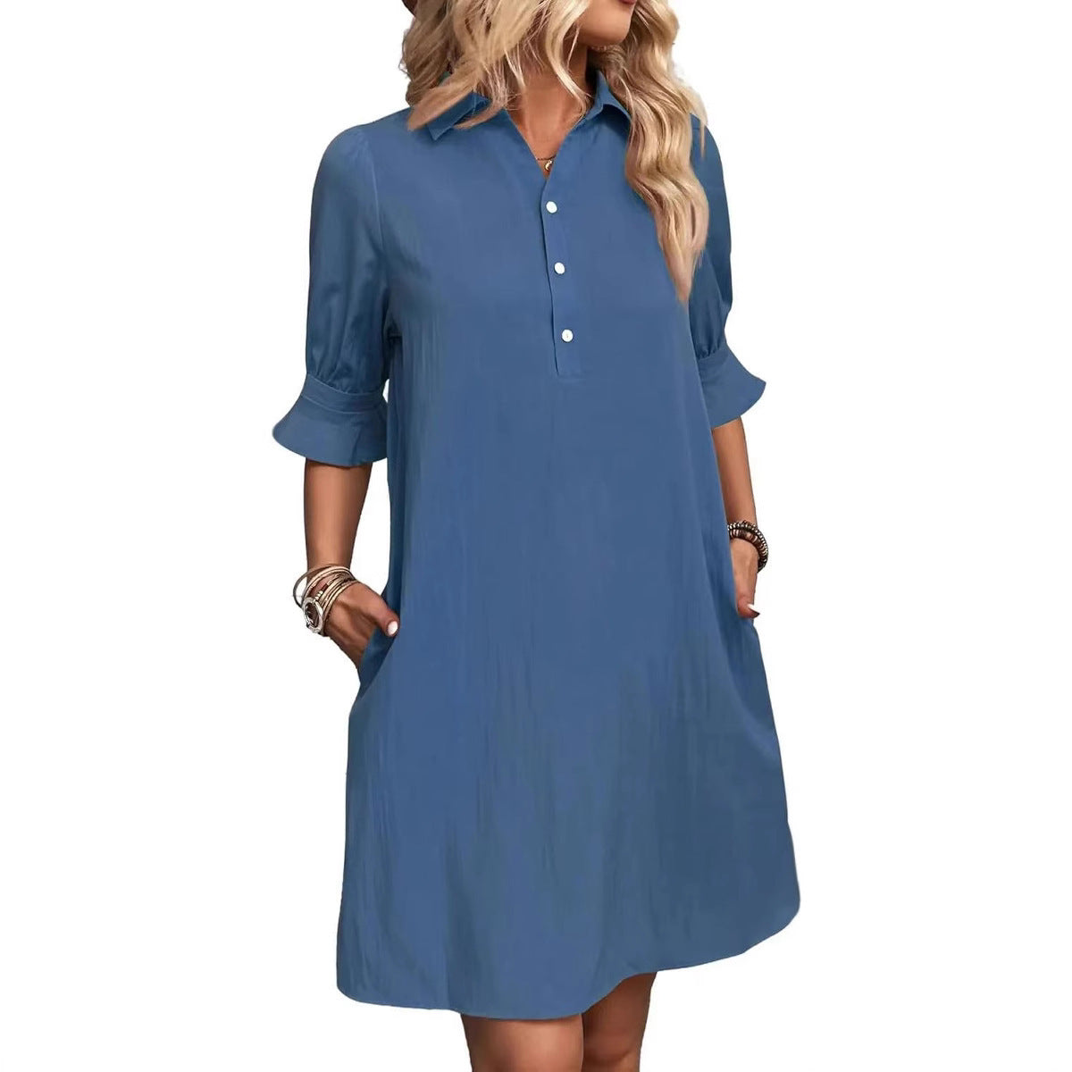 Damen lässiges Hemdkleid mit kurzen Ärmeln und praktischen Taschen